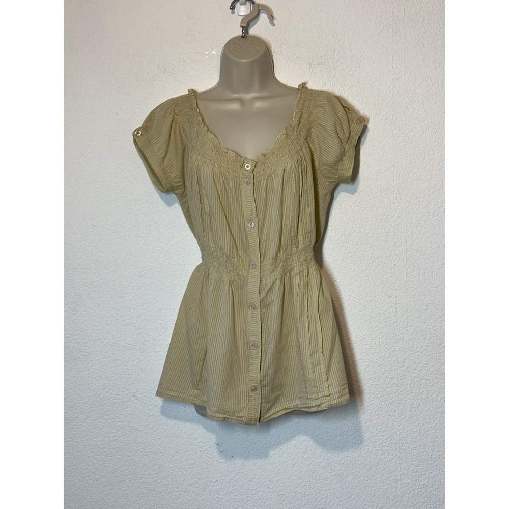 VTG Y2K‎ Dots Beige Top Brown Pin Stripe Cap Sleeve Smocked Waist Cottagecore